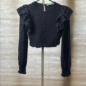 Zara Black Polka Dot Smocked Long Sleeve Cropped Top
